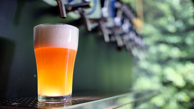  A glass of draft beer with a foamy head sits on a bar counter, with beer taps in the background.